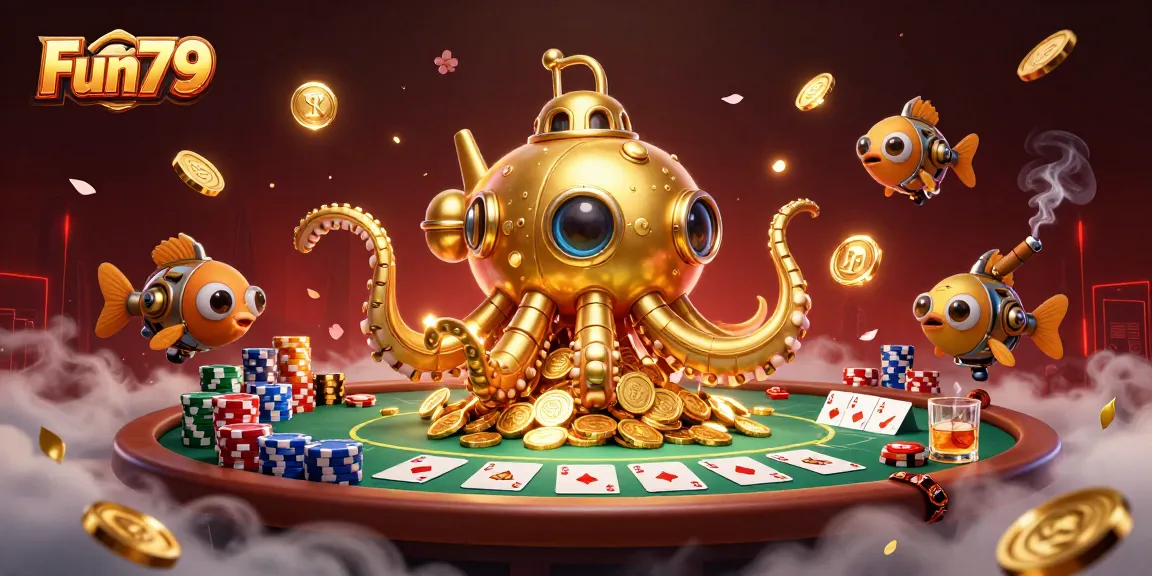 Experience the thrill of Fun79 with a golden kraken submarine amidst a sea of poker chips and cards.