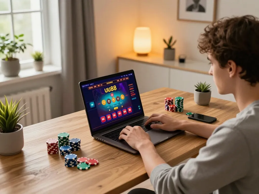 Engaging with the uu88 casino app on a modern laptop in a stylish home office.