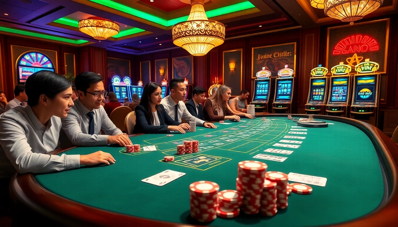 Experience the thrill of high-stakes gaming at https://vu88.ink/, featuring upscale casino tables and vibrant slot machines.