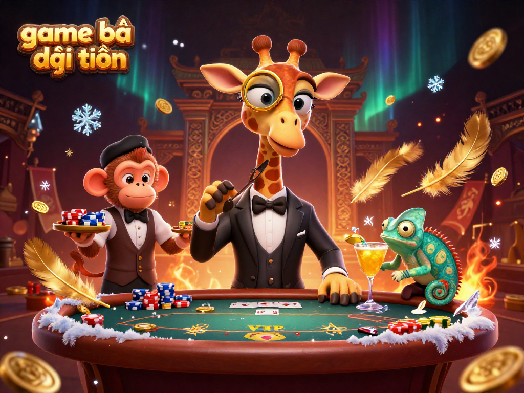 Engage with exhilarating game bài đổi thưởng featuring a giraffe at a VIP poker table.