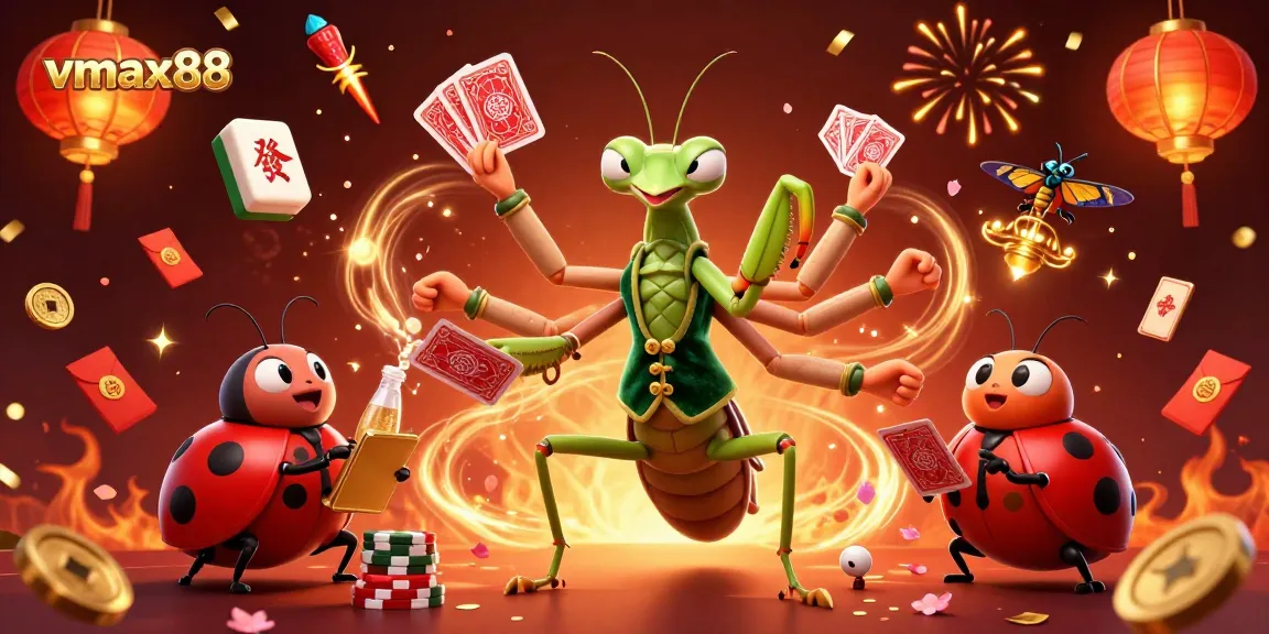 Experience the vibrant world of vmax88 with a festive casino scene featuring a talented mantis dealer.