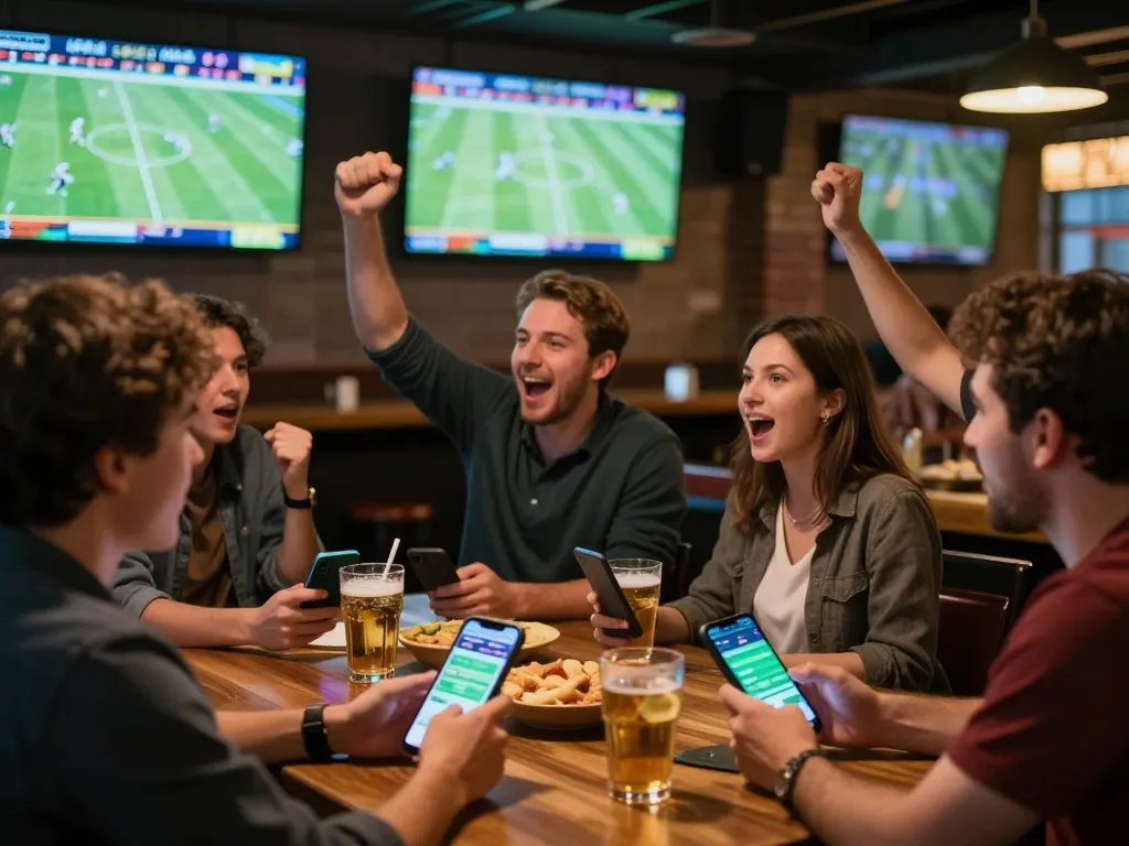 Exciting sports betting action on Socolive with friends cheering for their teams at a sports bar, lively atmosphere