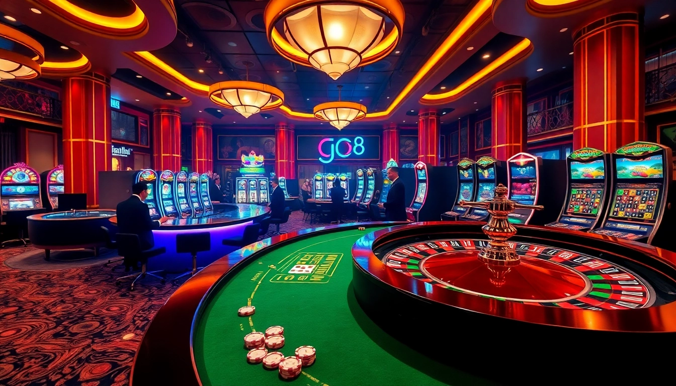 Experience the thrill of gambling at go8's luxurious casino setting, featuring roulette tables and vibrant slot machines.