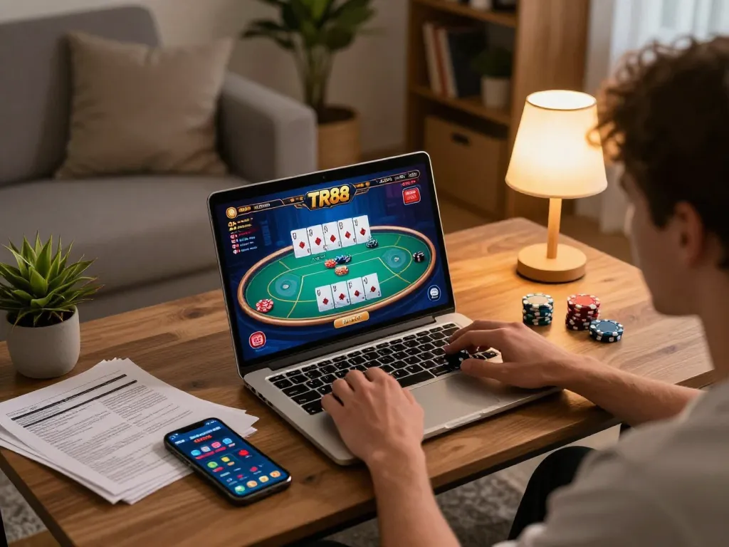 Player enjoying TR88 online casino gaming on a laptop with poker interface and strategy notes visible