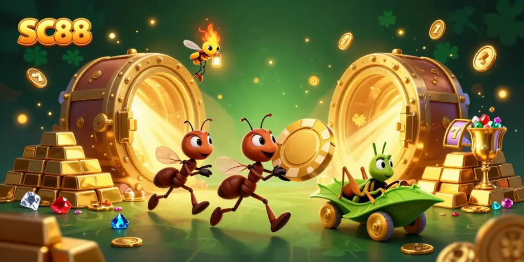 SC88 illustrates a team of cartoon ants escaping with a giant poker chip amidst dazzling casino treasures.