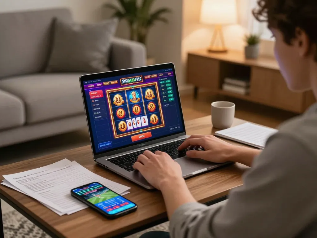 Cucu777 player engaging in online casino gameplay with vibrant slots visible on the screen, showcasing a strategic betting environment.