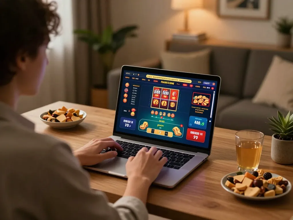 ATQ player engaging with online casino games on laptop, showcasing comfortable home atmosphere and strategic gaming.