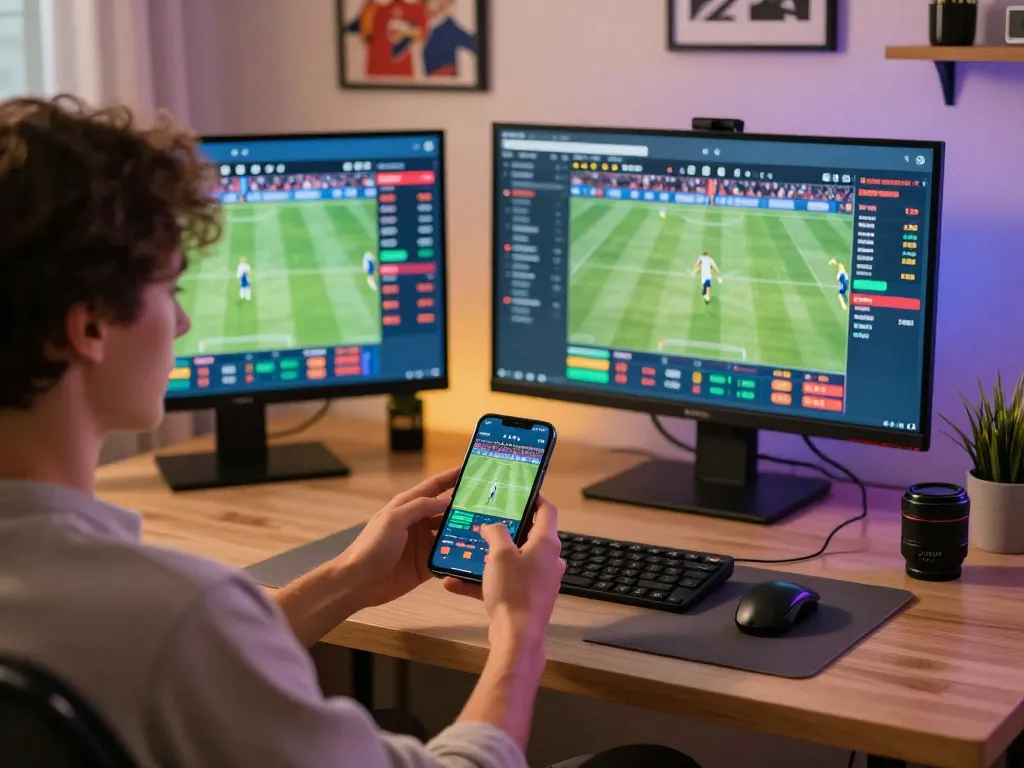 Engaged player using rwin for live sports betting on smartphone and multiple screens in a stylish home office.