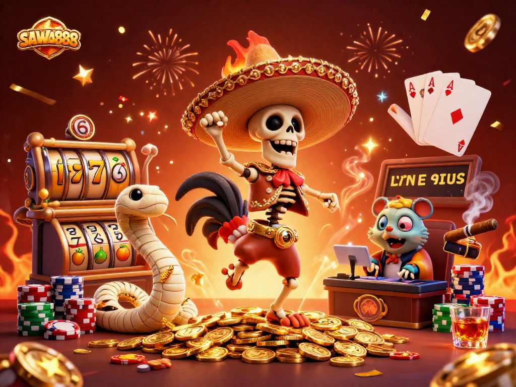 SAWA888 offers exciting slot bonuses with vibrant characters celebrating jackpots and wins.