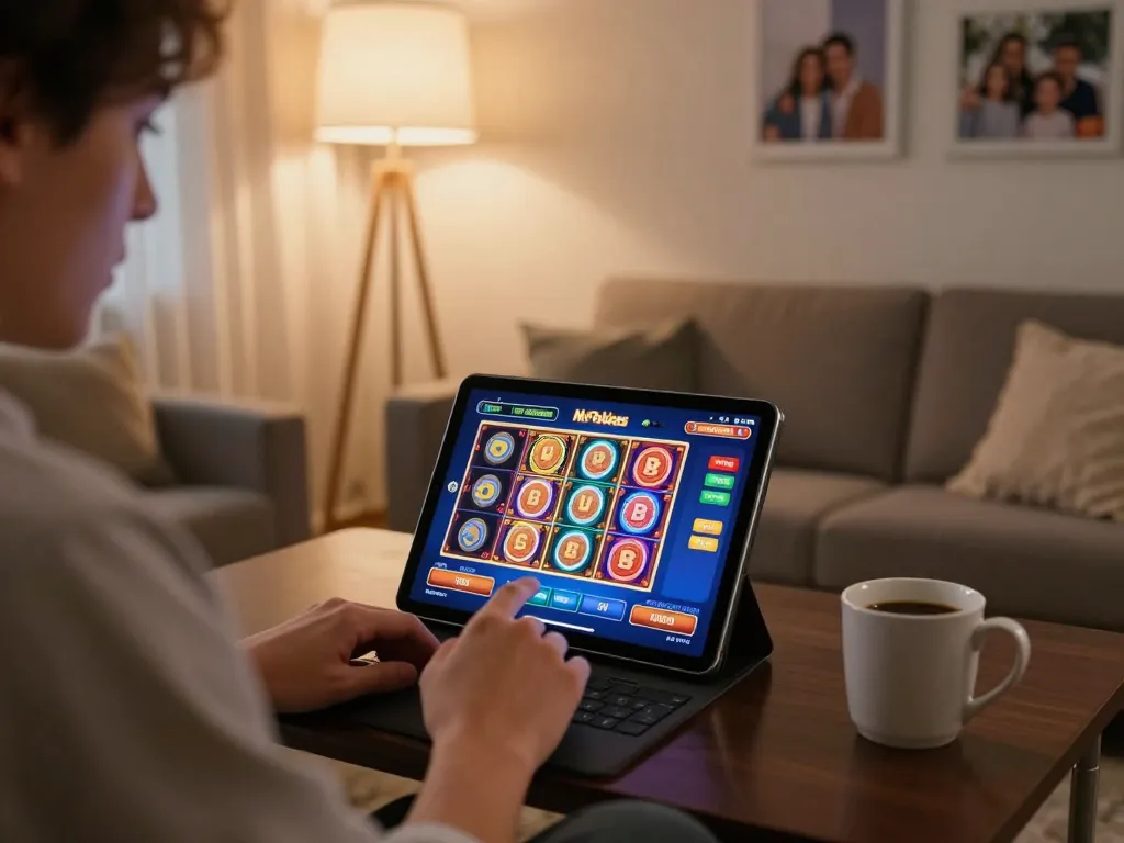 Play pokies on MrPokies in a cozy home setting, highlighting comfort and strategic gaming.