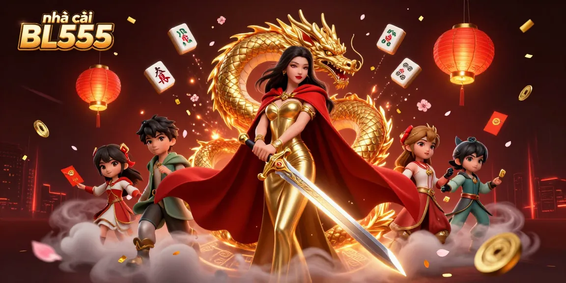 Experience the excitement at nhà cái BL555 with dynamic gaming elements and a warrior queen in a rich 3D scene.