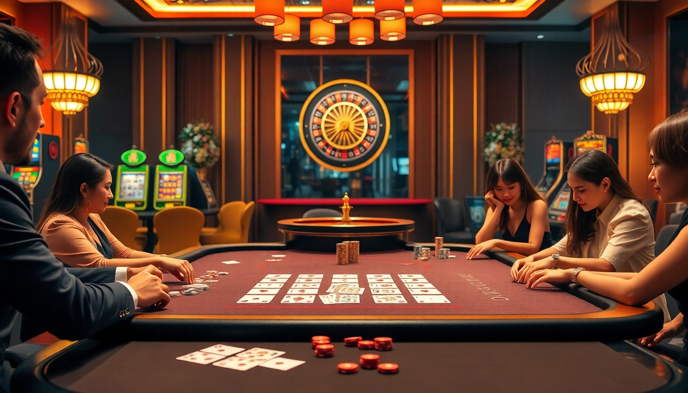 Excited players participating in Tài Xỉu MD5 at a luxurious casino table with colorful chips and cards.