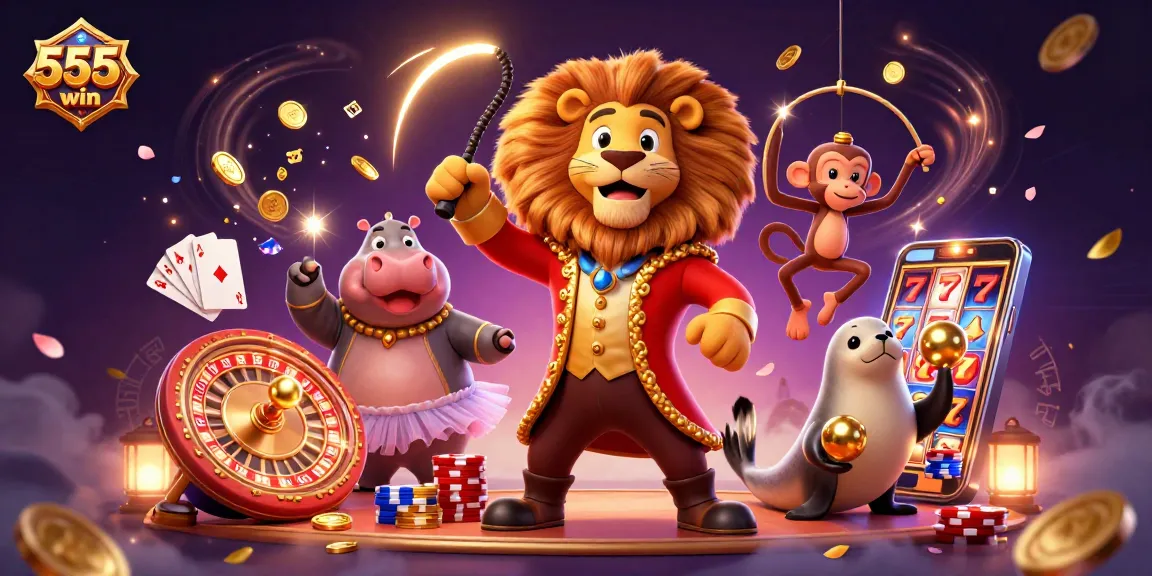 Experience excitement with 555win in a colorful 3D casino scene filled with dynamic characters and rich gaming elements.