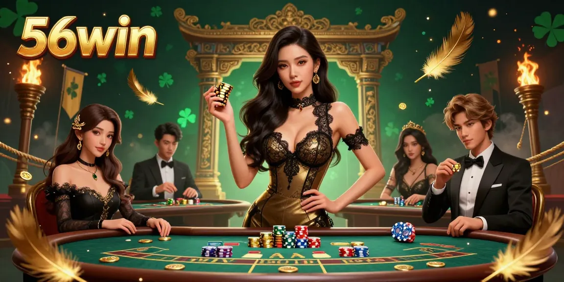 Engage with high-stakes gaming at 56win's VIP table, featuring golden chips and dynamic casino elements.