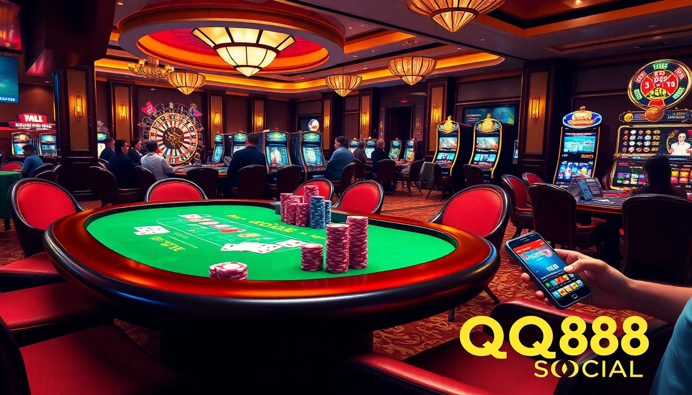 Experience the thrill of QQ88 Social with players engaging at luxurious casino tables and vibrant slot machines.