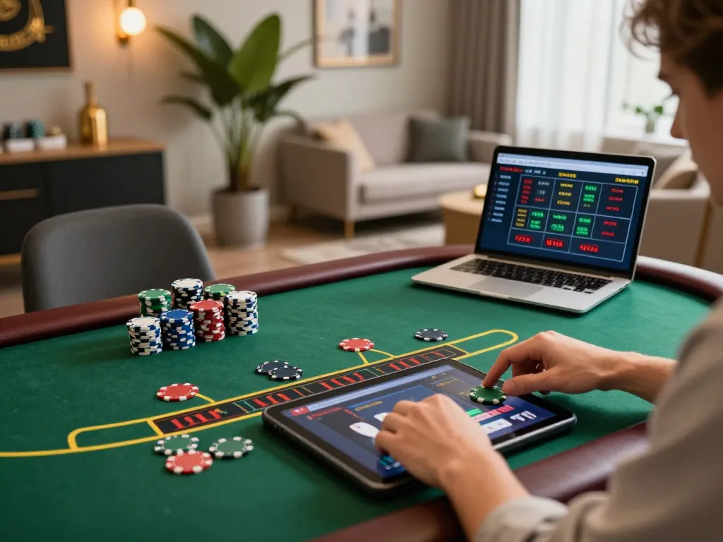 Engaging with live dealer blackjack on a tablet at https://n188.build/ in a stylish home setup, focused on strategic gameplay.