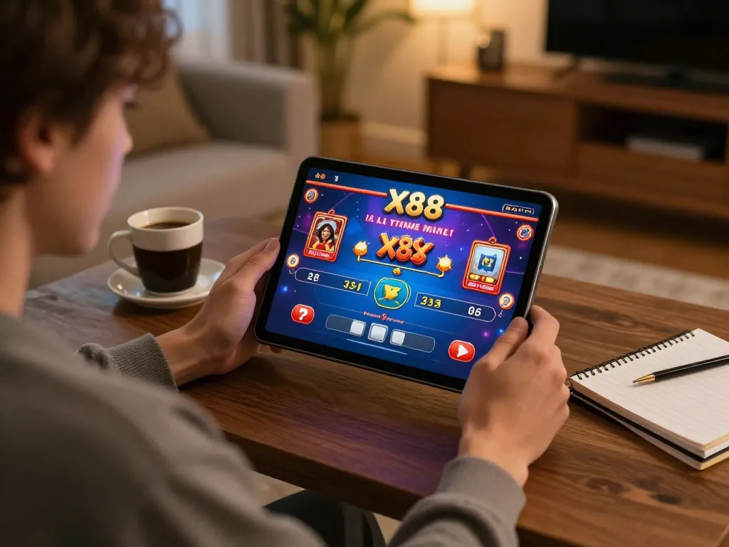 X88 player engaged in live dealer game on tablet at home, warm and inviting atmosphere.