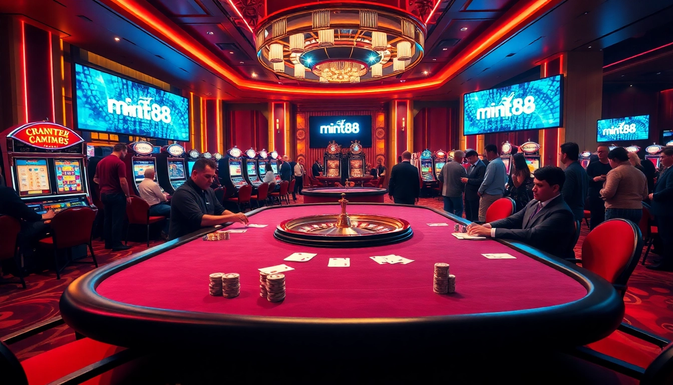 Experience the excitement of mint88 with vibrant casino action at the poker table and slot machines.