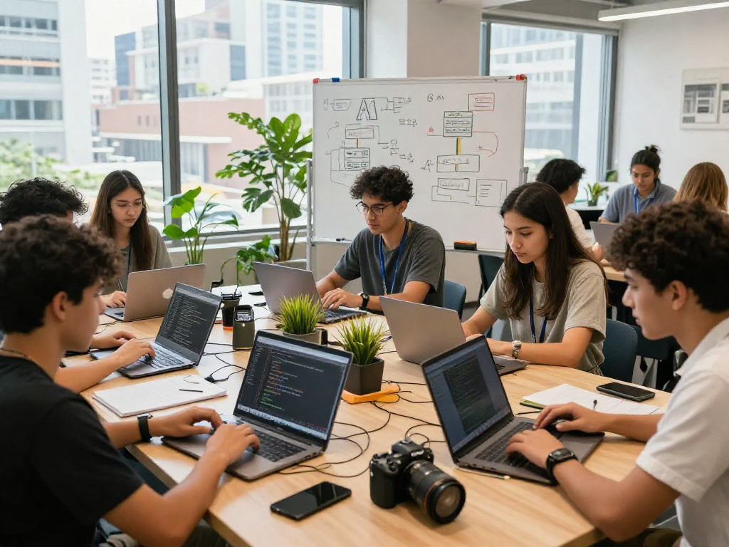 Students exploring IA +18 technology in a vibrant co-working space workshop full of collaboration.