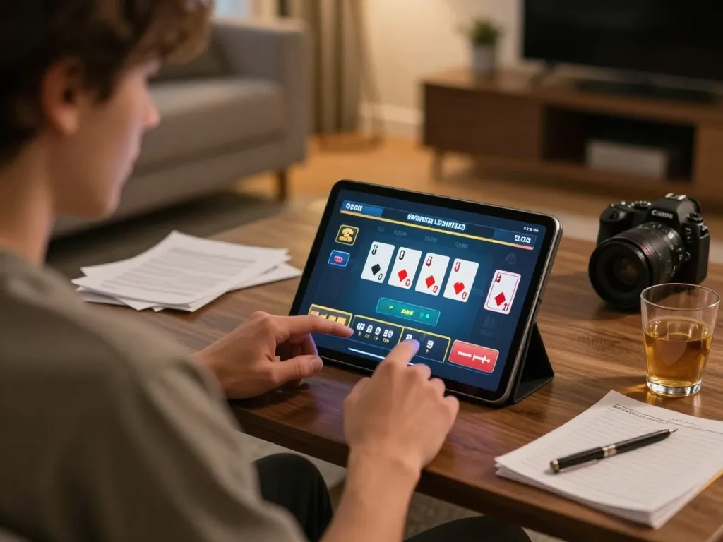 man88 player strategizing during an intense online blackjack game on a tablet.