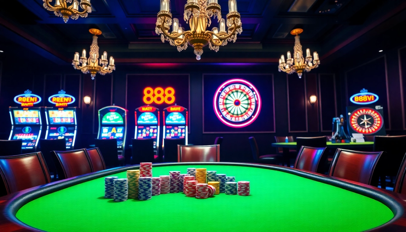 Intense poker game at 888VI casino with colorful chips and luxurious ambiance.