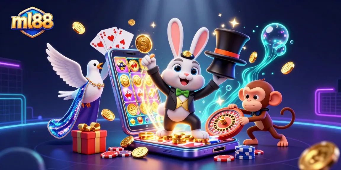 Experience the excitement of ml88 with a magical 3D scene featuring golden coins and poker chips.