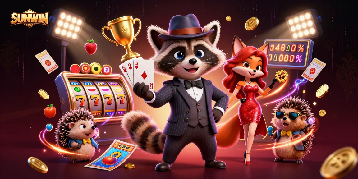 SUNWIN jackpot promotional scene featuring animated characters and lively slot game elements.