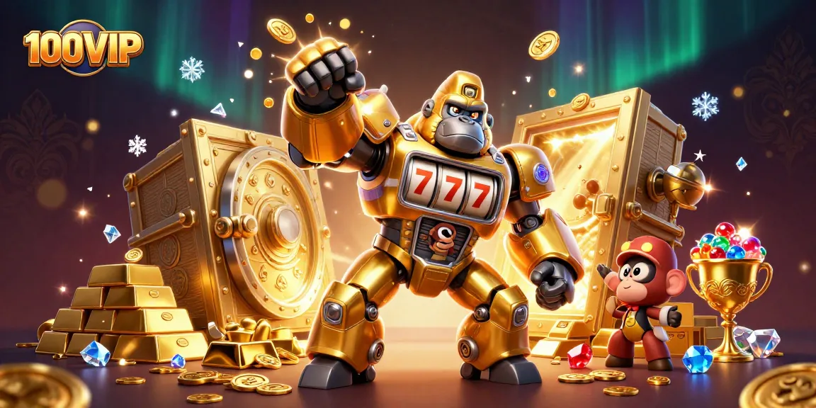 Experience the thrill of 100VIP's exciting gambling scene with a powerful golden mech and treasure elements.