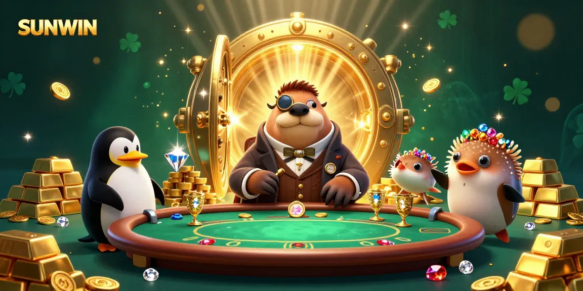SUNWIN's underwater poker scene with a walrus, penguin dealer, and pufferfish player bluffing amid golden treasures.