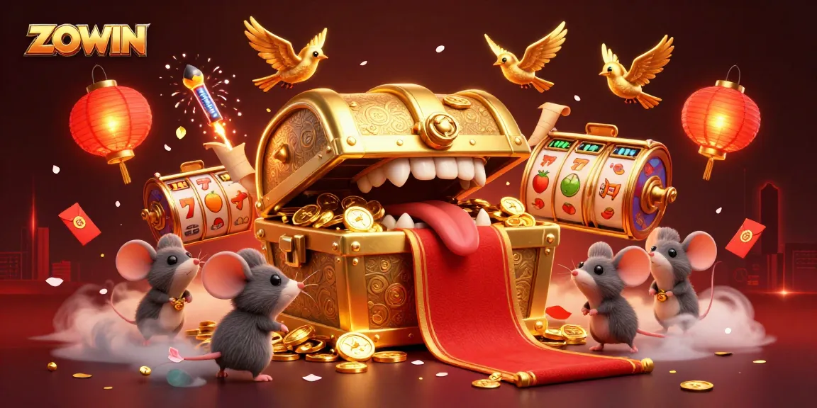 ZOWIN captivates players with a dynamic slot scene featuring a golden treasure chest, slot reels, and festive elements.