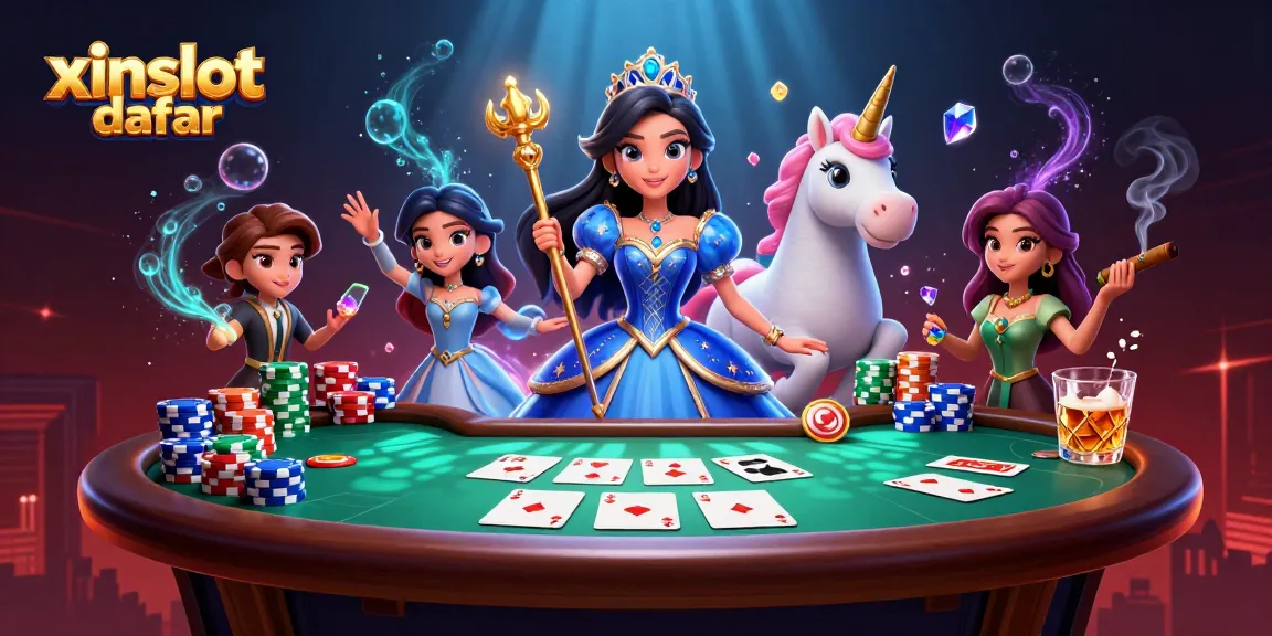 XINSLOT daftar features thrilling casino moments with colorful poker elements and a magical ambiance.