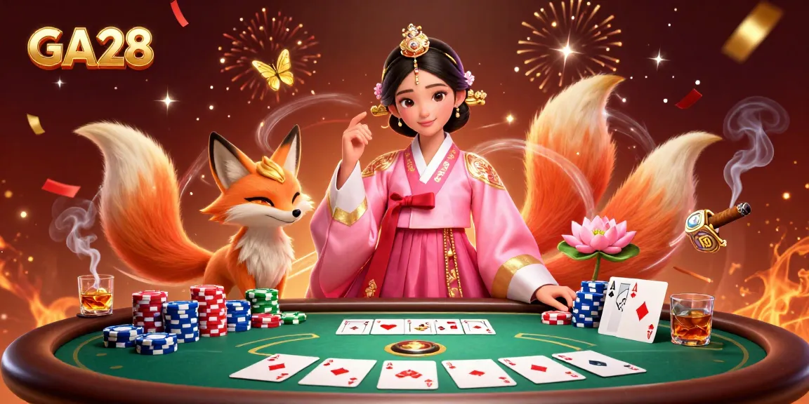 Engage with GA28 in a vibrant casino scene featuring poker elements and a graceful Asian woman.