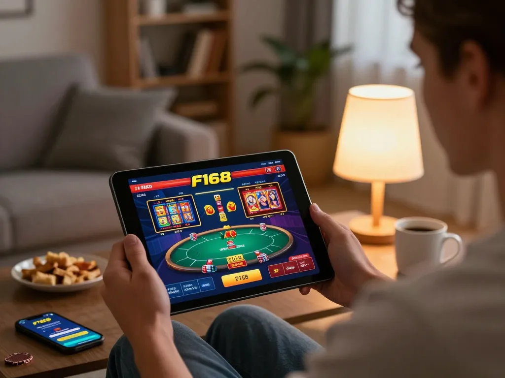 Engaging player using F168 casino app on tablet from a cozy home setting, enjoying online gaming.