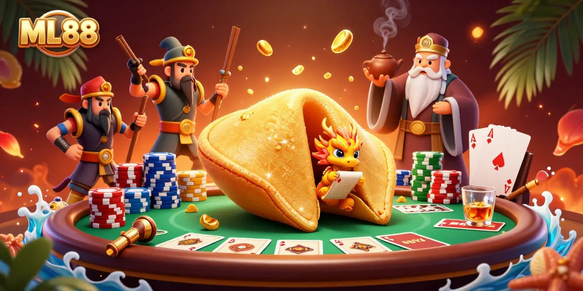 Experience the thrill of ML88 with a vibrant casino scene showcasing poker elements and dynamic characters.