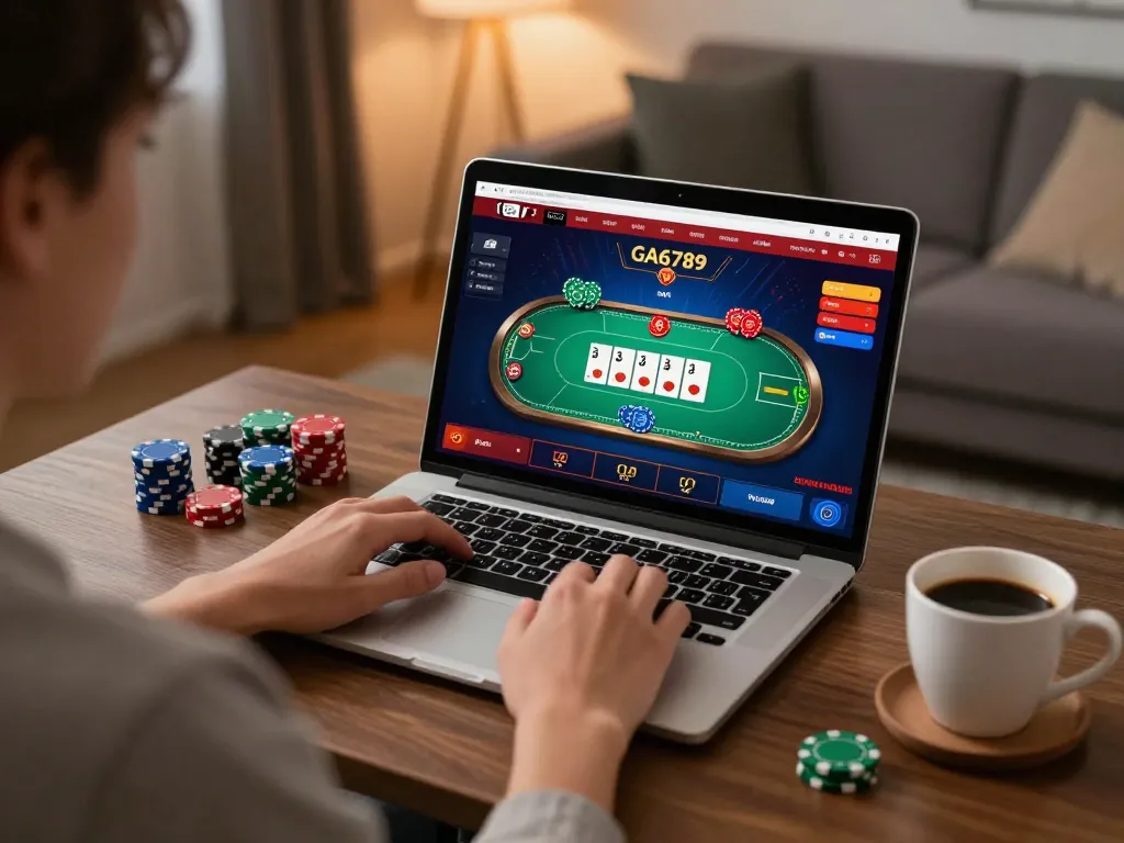 Engaging with the GA6789 online casino interface while enjoying a cozy home gaming experience.