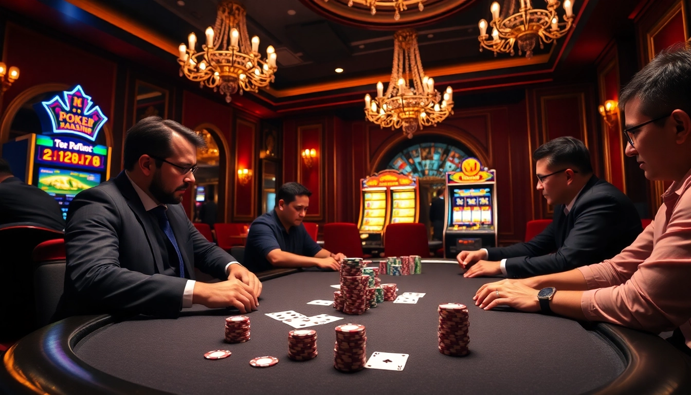 Exciting poker game with colorful chips and professional players at https://zk88.club/ casino.
