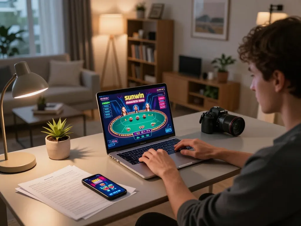 Engaged player enjoys sunwin online casino while using a laptop at home