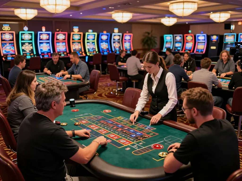Engaged players at LLwin casino table showcasing intense gameplay excitement with professional croupiers managing bets.