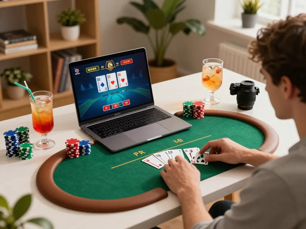 Engaging poker gameplay on a laptop displaying vmax casino app in cozy home office setting.