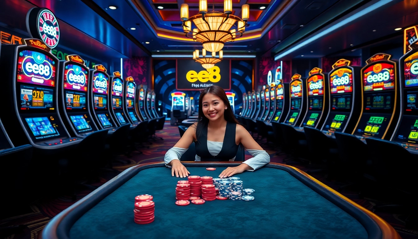 ee88 đăng nhập on a luxurious casino interface featuring poker tables and vibrant slot machines.