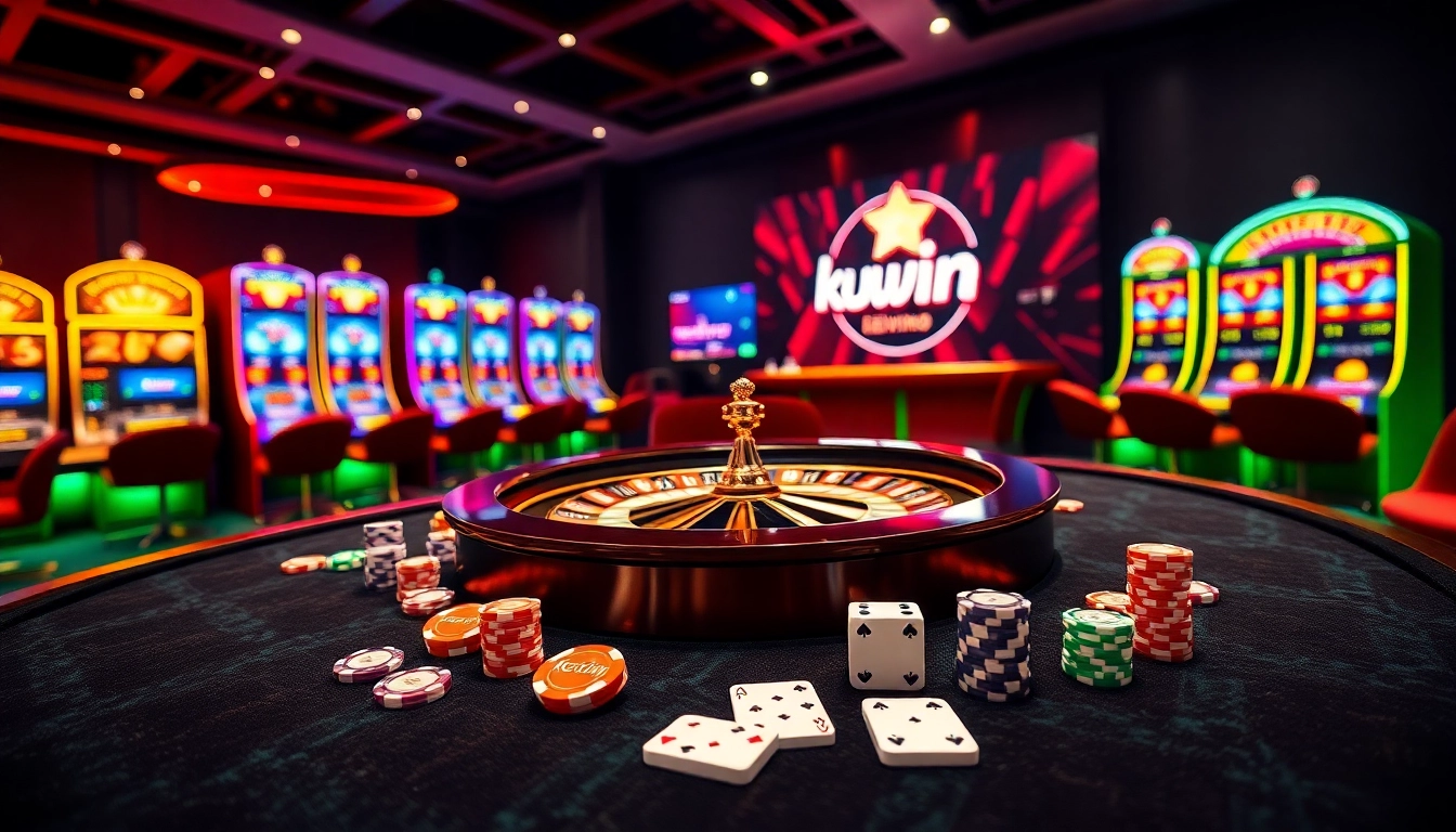Kuwin casino excitement with vibrant roulette table and colorful chips in a luxurious setting.