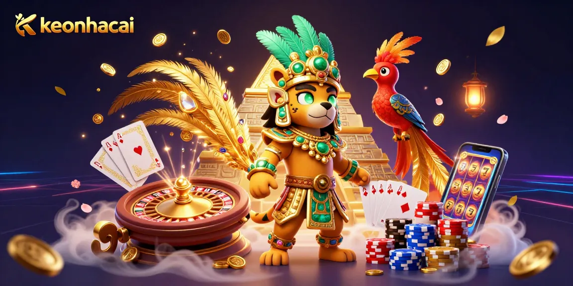 Bet on keonhacai with Mayan-style priests amidst dazzling casino elements.
