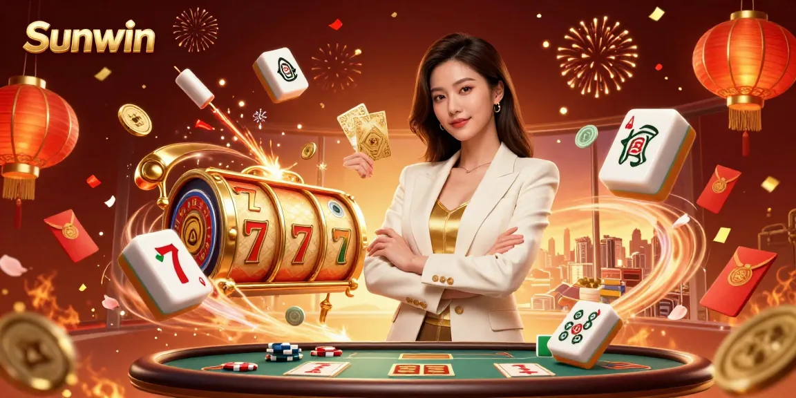 Sunwin features a glamorous Asian woman representing online gaming excitement, surrounded by colorful casino elements.