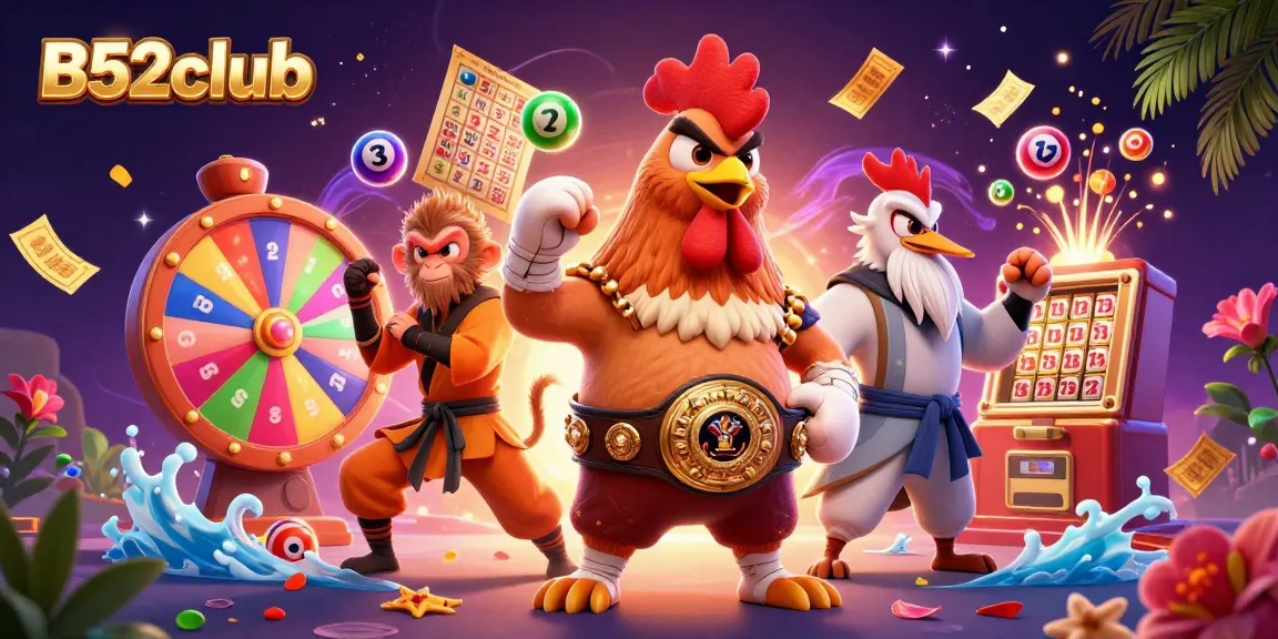 B52club offers a vibrant dynamic scene with lottery balls and golden tickets, showcasing exciting gaming experiences.