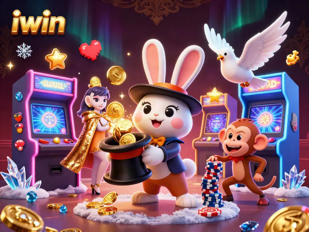 iwin's vibrant gaming scene showcases a magician rabbit with coins, immersive 3D graphics, and casino elements.