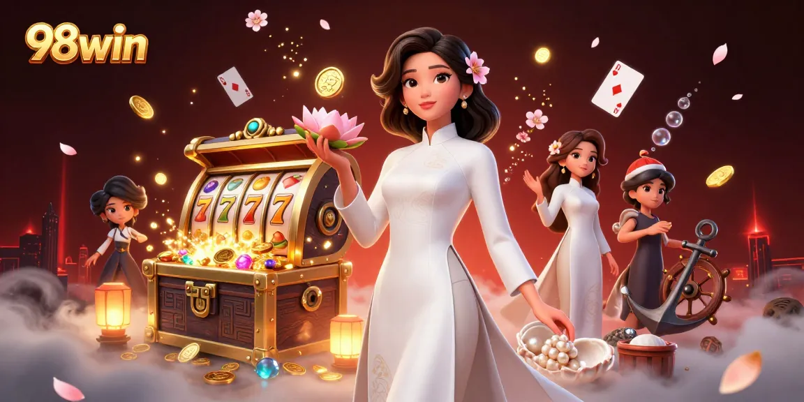 Experience exciting gameplay at 98win with vibrant elements and a lucky charm character.