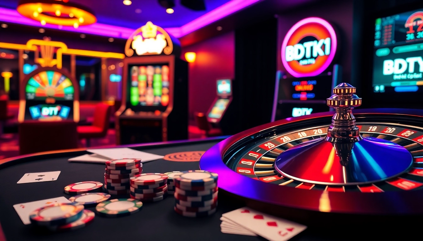 Experience the excitement of BDTK1 with vibrant casino visuals showcasing gaming tables and slot machines.