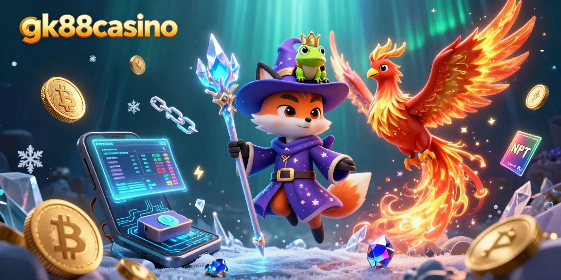 Experience excitement at gk88casino with a magical scene of a wizard fox, phoenix, and crypto elements