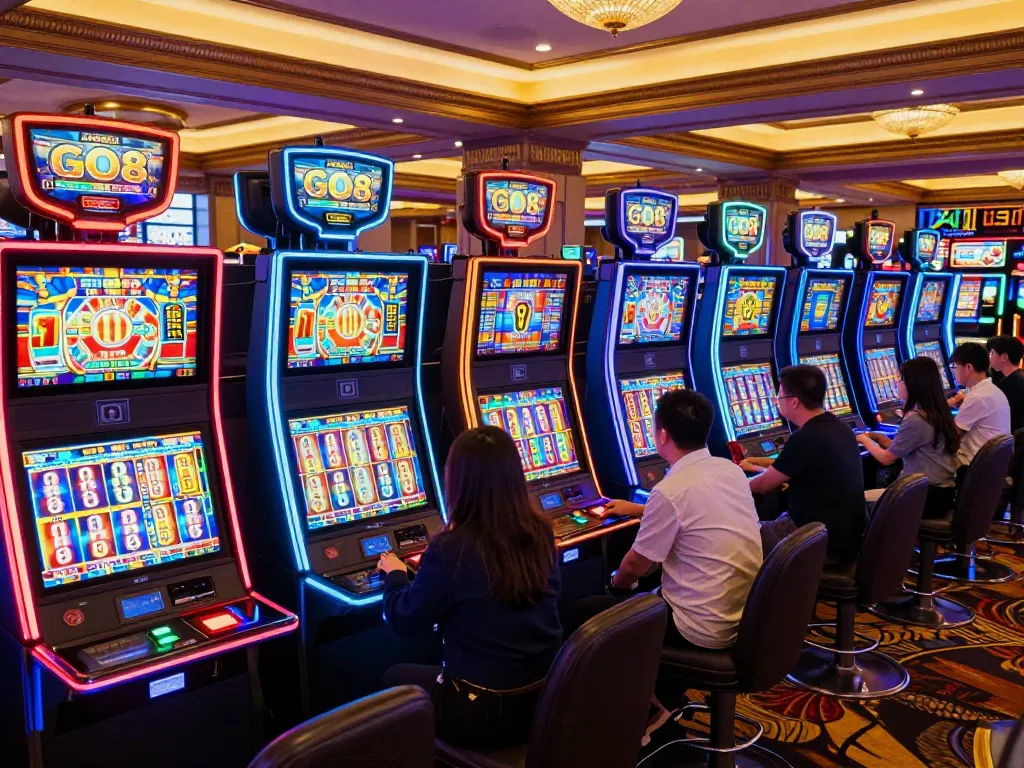 Players engaging in thrilling gameplay at GO8's vibrant slot machine area, showcasing dynamic visuals and excitement