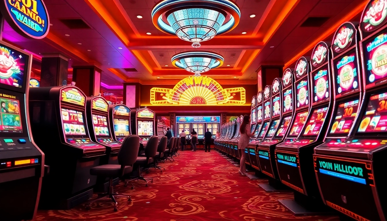 Players engaging with nổ hũ slot machines in a vibrant casino setting filled with excitement.